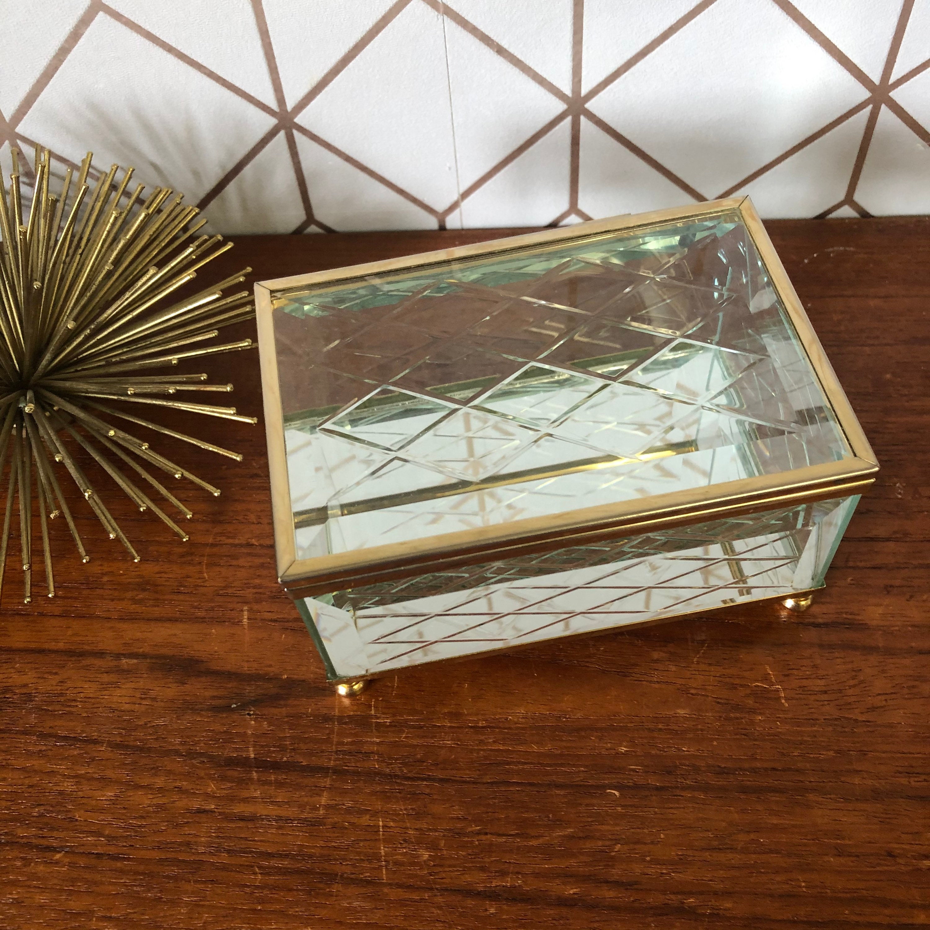 Vintage Brass Glass Trinket Box Jewelry Box Small Terrarium Etsy