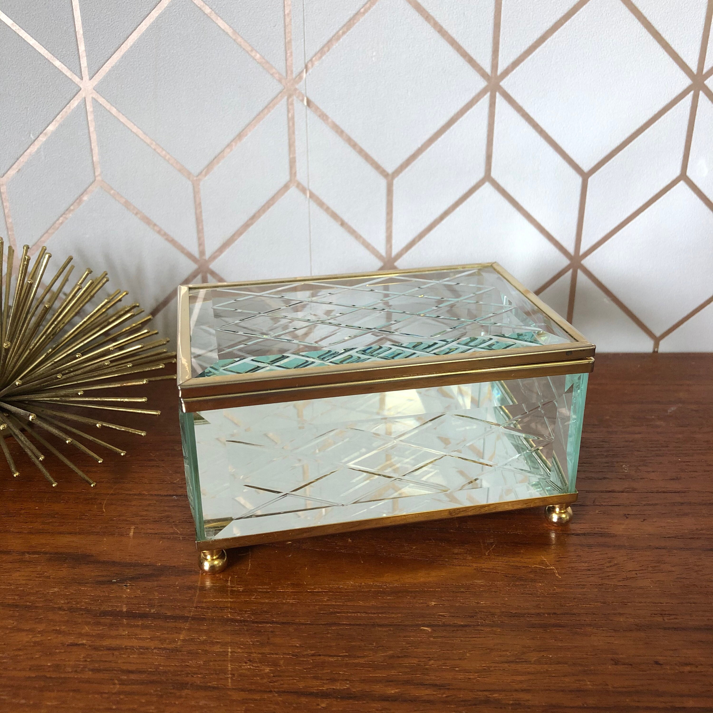 Vintage Brass Glass Trinket Box Jewelry Box Small Terrarium Etsy