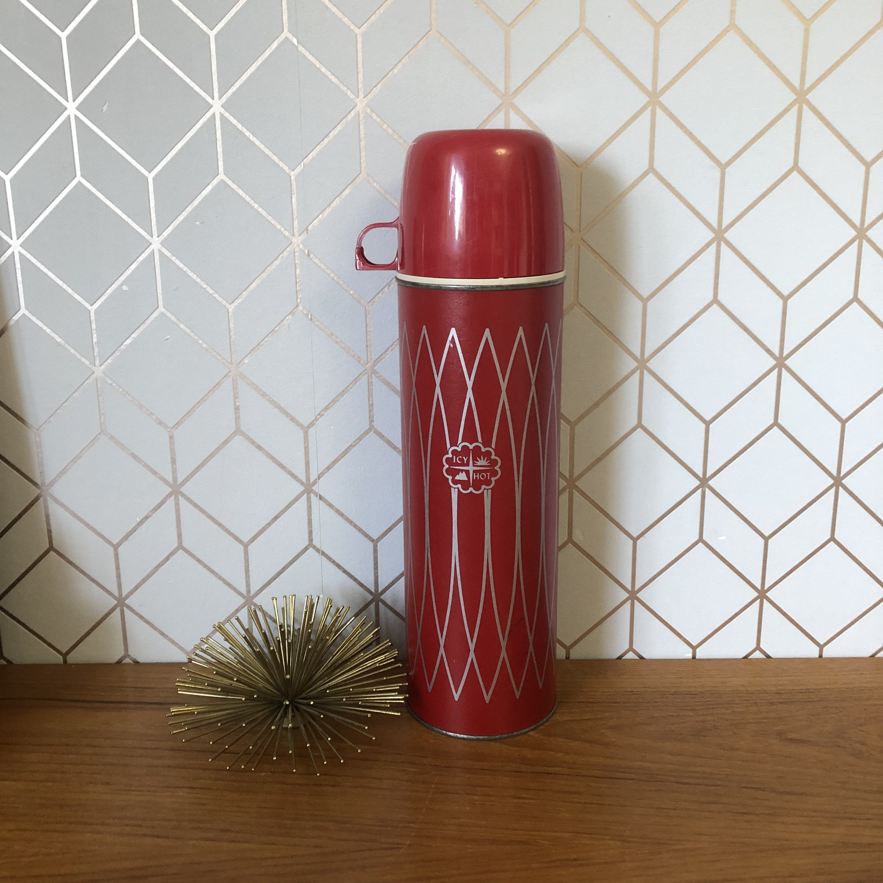 Vintage Icy Hot Red and Grey Thermos, Made by the American Thermos