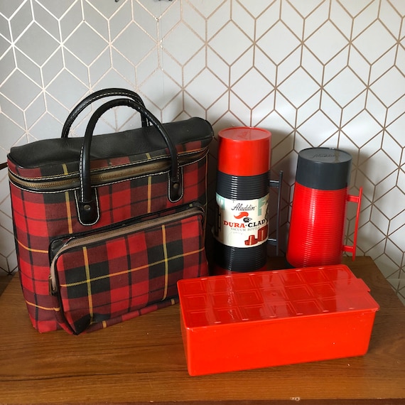 Vintage Thermos Picnic Set With Plaid Carry Case 2 Thermos w/ Lunch Box