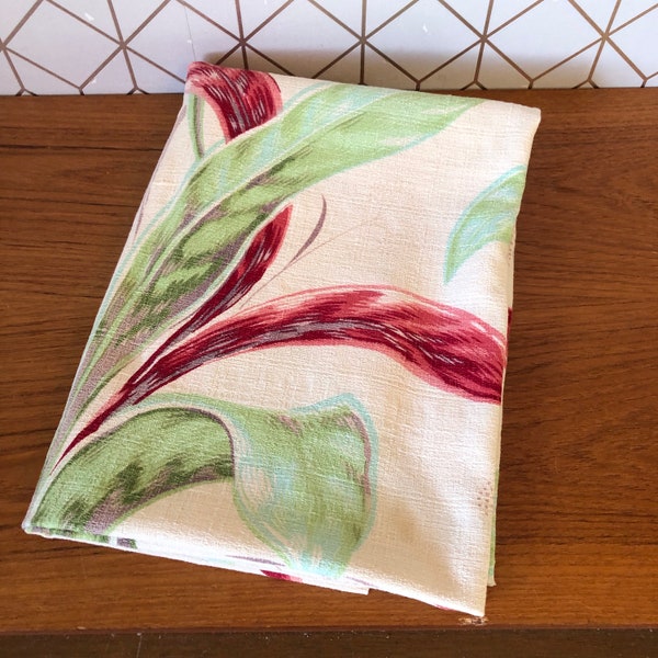 Vintage 1950’s Cotton Bark Cloth, Curtain Drapery Fabric, Hawaiian Tropical Pattern with Red / Green Leaves, Off White Background, Barkcloth