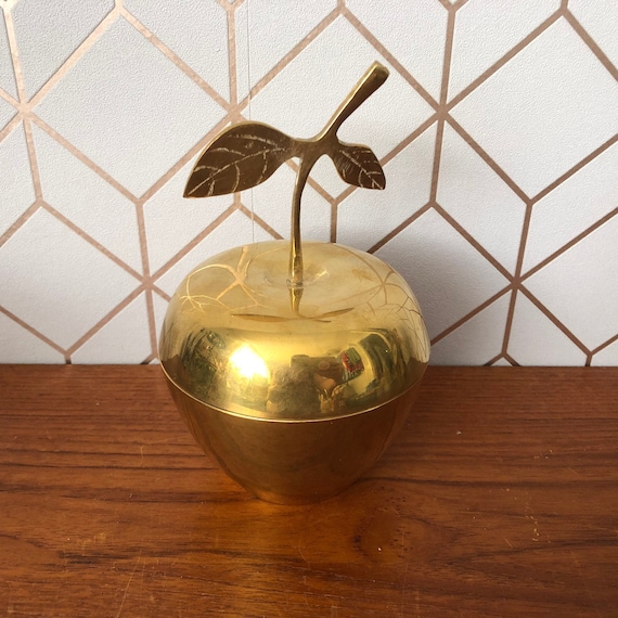Vintage Brass Apple Trinket Dish, Jewelry Box, Li… - image 1