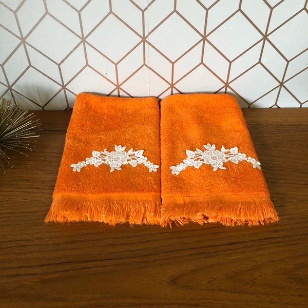 Vintage Orange Fingertip Towel, Set of 2 Bright Orange with White Floral Applique, Retro Terry Cloth Finger Tip Towels, Cannon USA