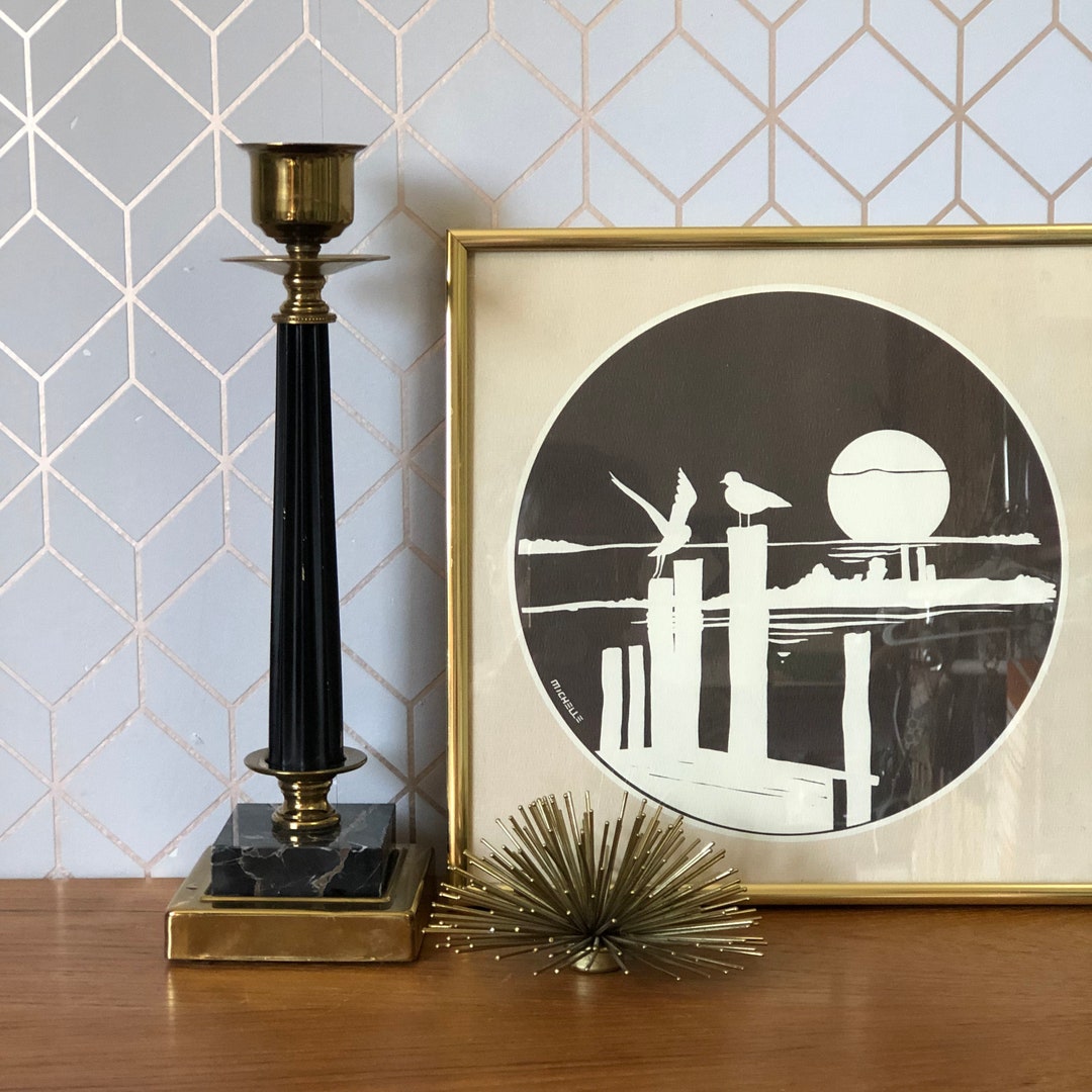 Vintage Candle Stick Brass and Marble Candle Holder Black Etsy