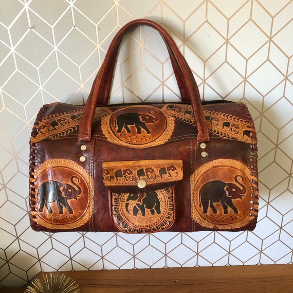 Vintage Tooled Leather Hand Bag, Sri Lankan Embossed … Gem