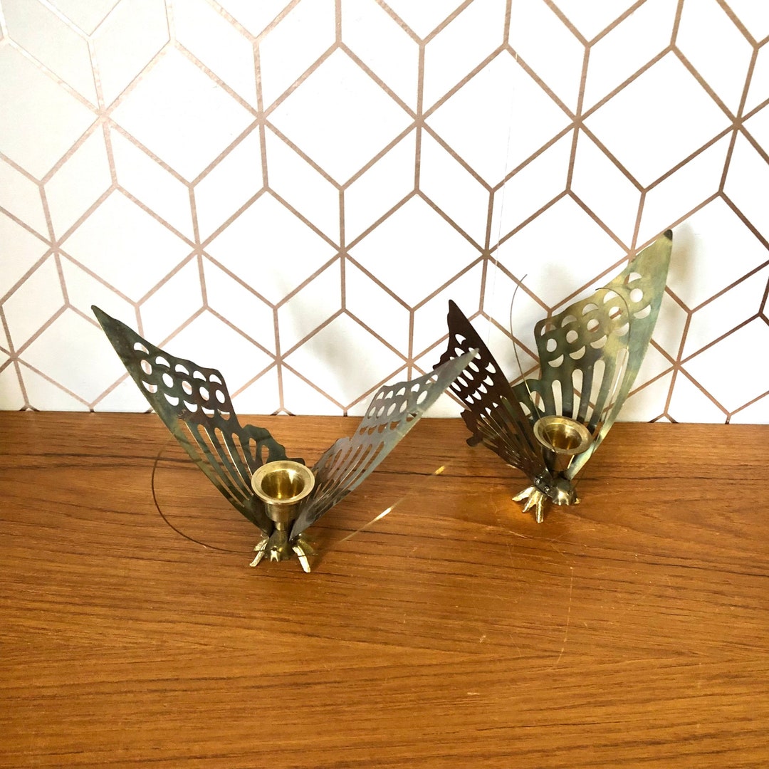 Vintage Brass Butterfly Candle Holder, Set of 2 Metal Taper Candle