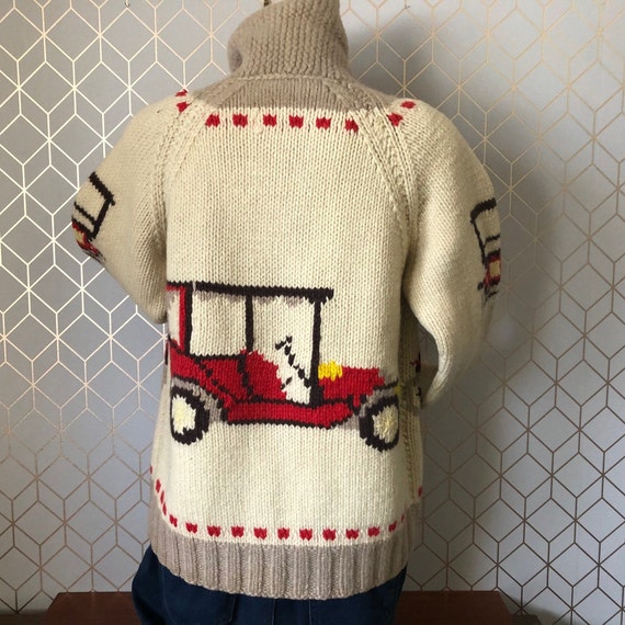 Vintage Cowichan Style Zip Sweater Antique Cars w… - image 3