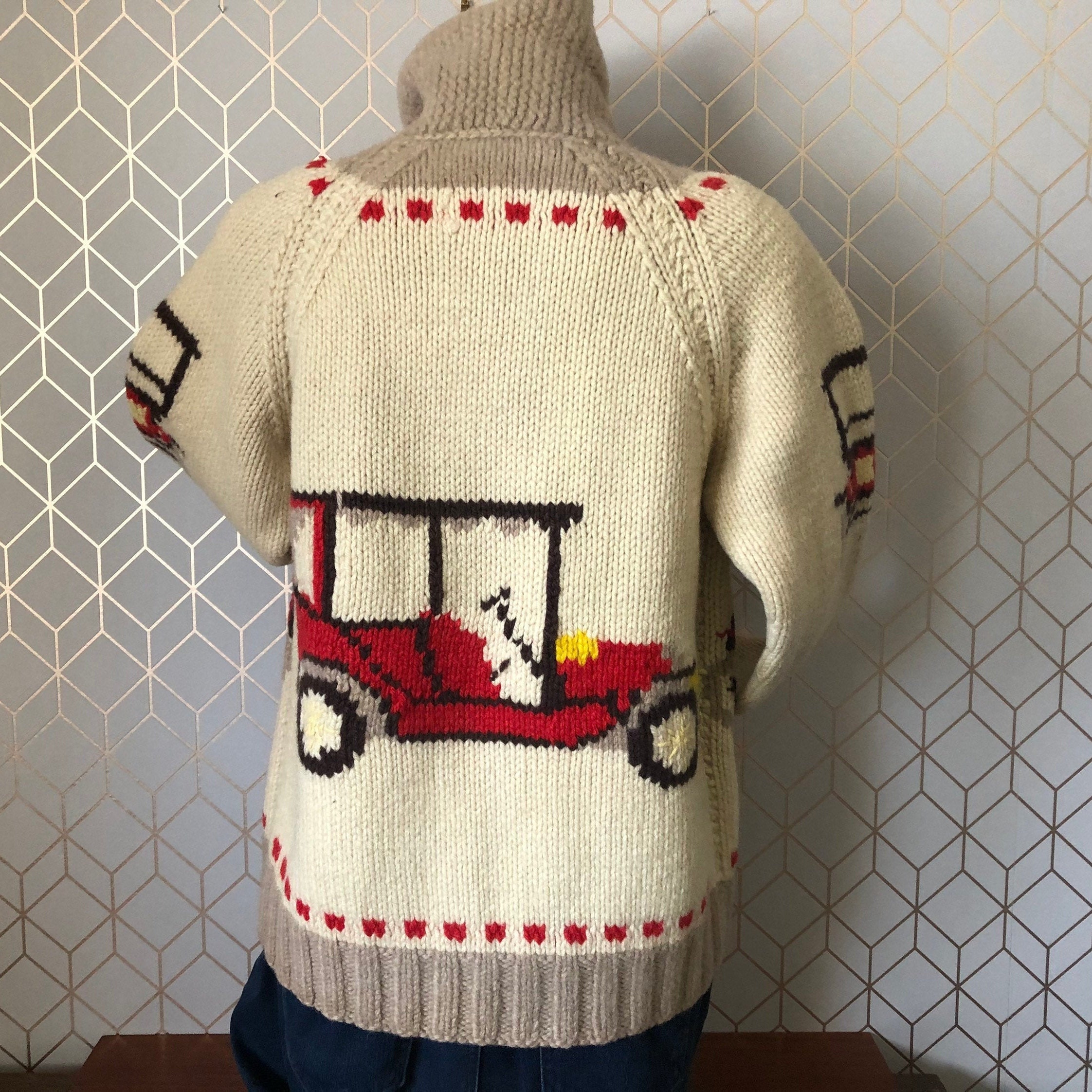 Vintage Cowichan Style Zip Sweater Antique Cars With a Cream Vintage Cowichan Style Zip Sweater Antique Cars With a Cream