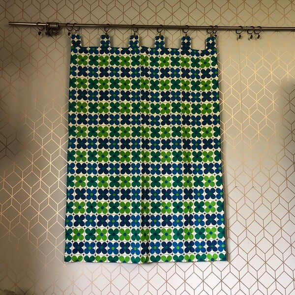 Vintage 1960's Curtain Panel, 1 Drapery Panel With Tabs, Blue and Green Geometric Pattern, Heavy Fabric with Flowers in Squares, Tabs at Top