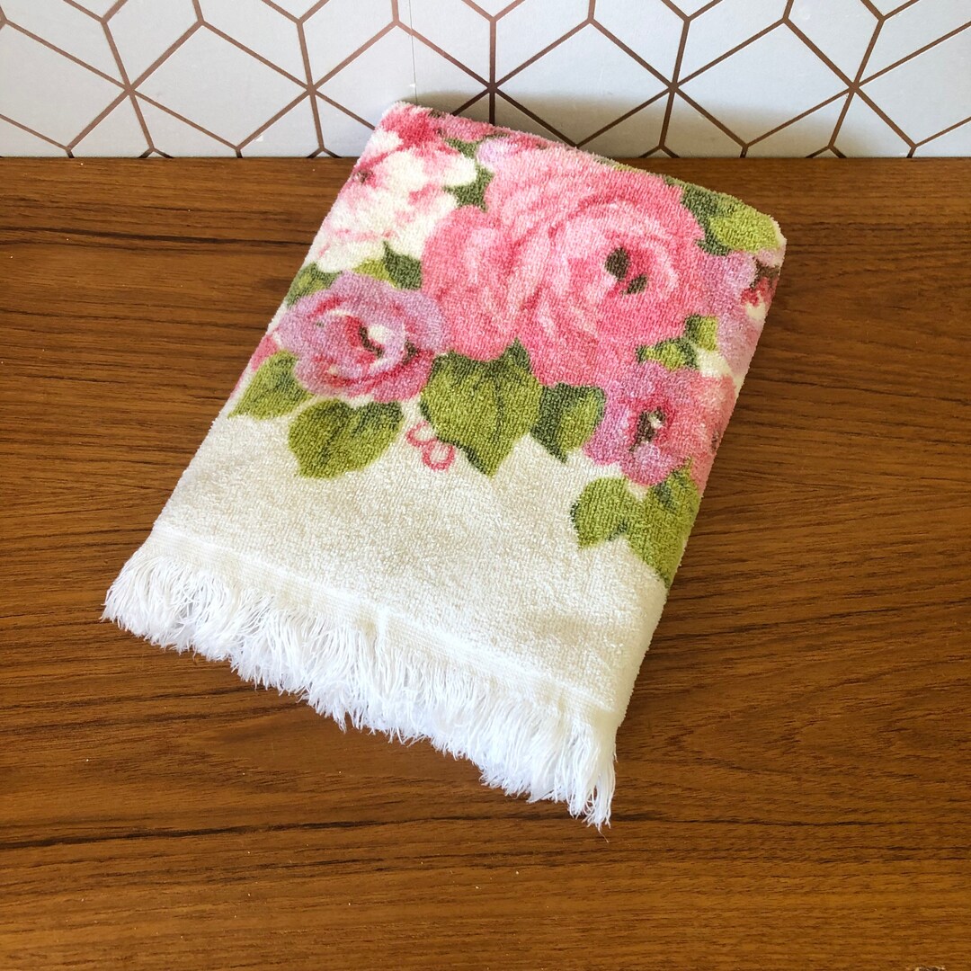 Vintage Cotton Bath Towel Fieldcrest Bathroom Decor Pink Roses Mid-Century, Check Engine Vintage