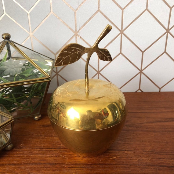 Vintage Brass Apple Trinket Dish, Jewelry Box, Li… - image 2