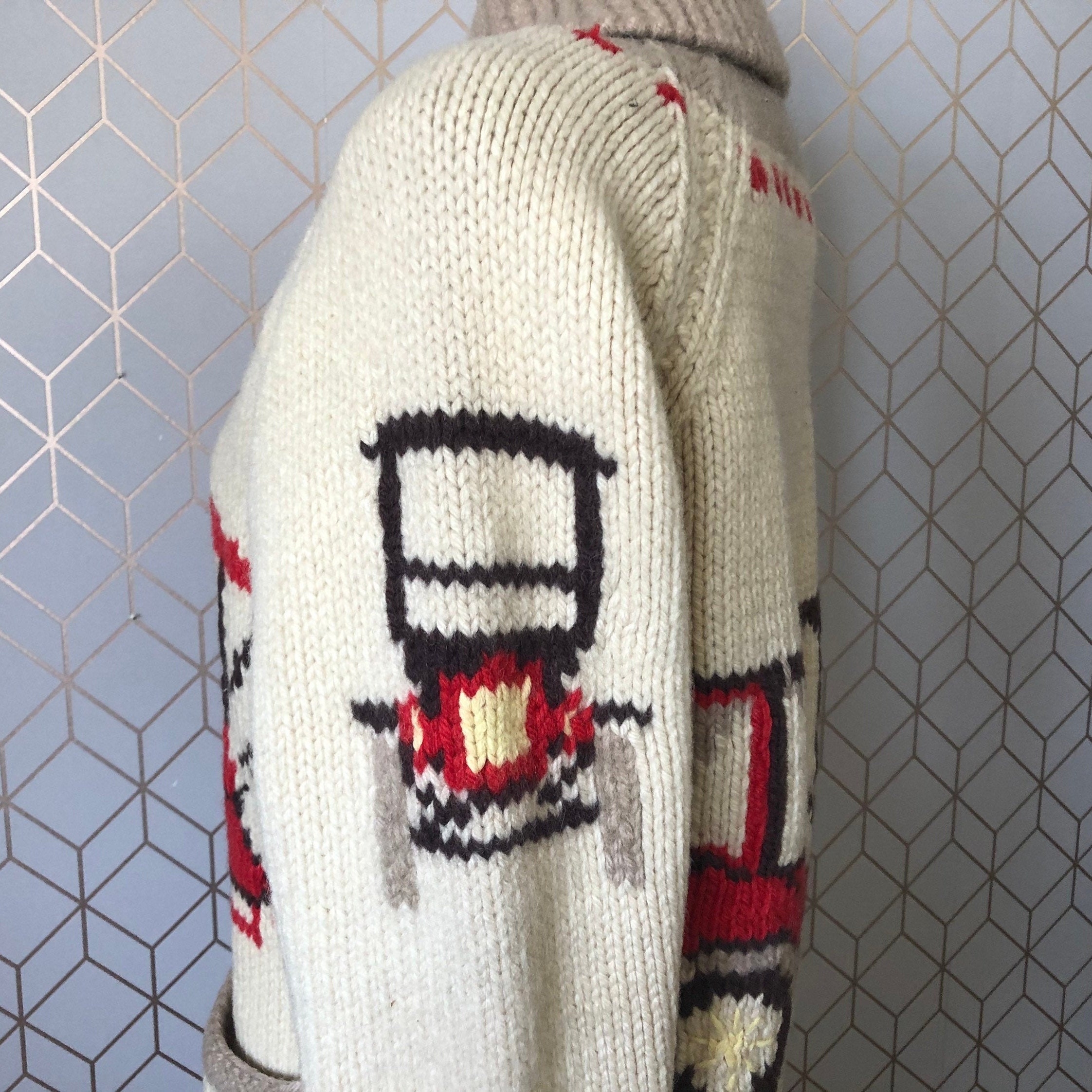 Vintage Cowichan Style Zip Sweater Antique Cars With a Cream Vintage Cowichan Style Zip Sweater Antique Cars With a Cream