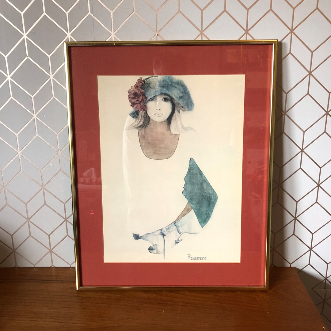 Vintage Christine Rosamond Lithograph, 1970's Composition Denim and