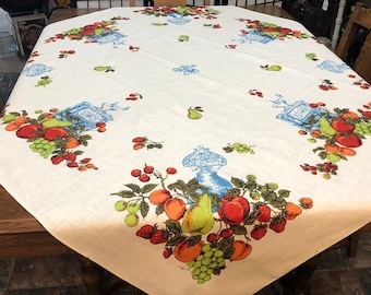 Vintage 1960’s Linen Tablecloth, Fall Fruit Polished Linen, Boho Groovy Retro Floral Tablecloth