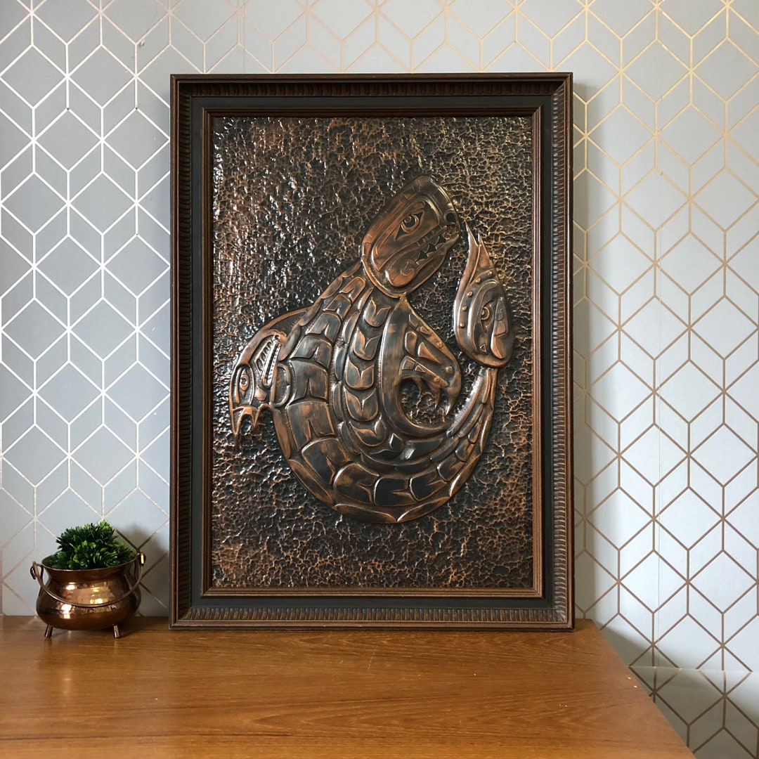 Vintage Salish Copper Relief Art, Northwest Coast Wall Art, Orca Hammered Relief Indigenous Wall