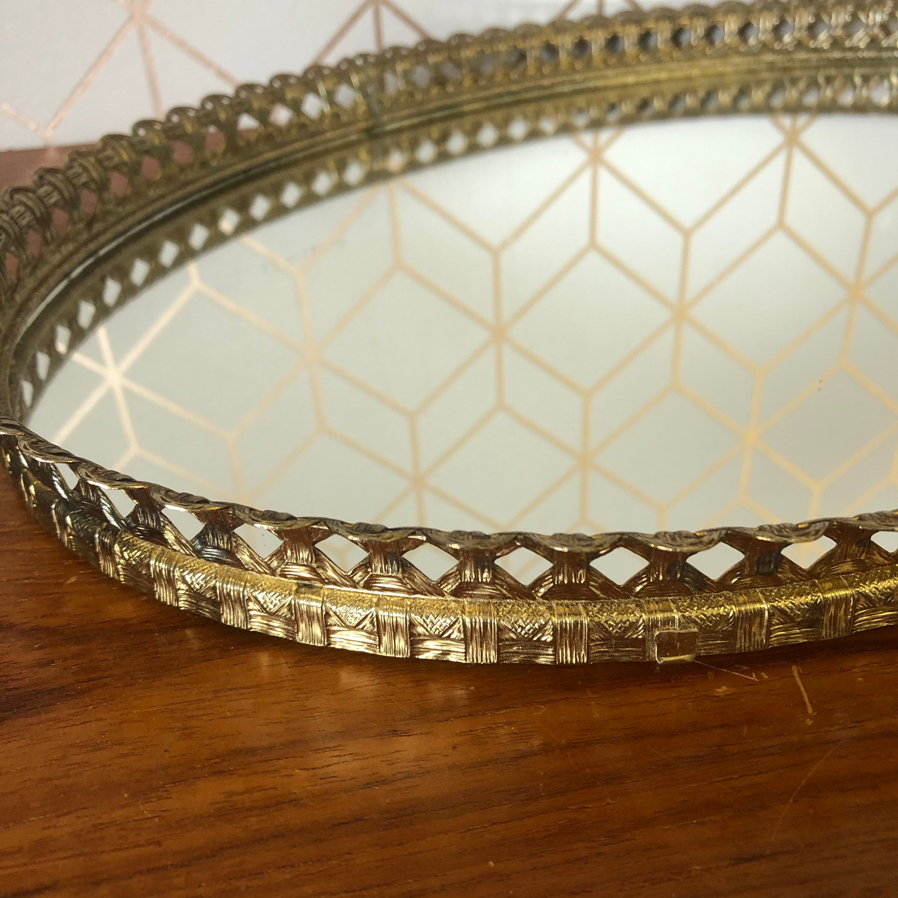 Vintage Filigree Mirrored Vanity Tray Brass Oval Edge Etsy