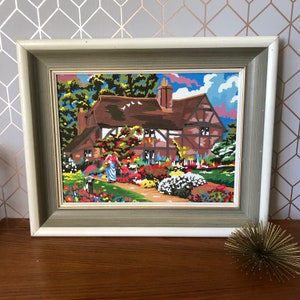 Vintage Paint By Number Picture, Victorian English Garden, Cottage Garden Tudor Style House and Gardens, Light Colored Frame, Circa 1960's