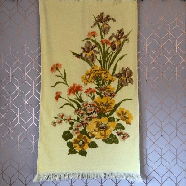 Vintage Towel, Vintage Bath Size, Soft Velour Terry Cloth, Asymmetrical Floral Arrangement in Yellow / Orange on a Yellow Background