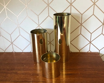 Vintage Brass Candle Holder, Danish Extra Large Tea Light Candle Columnar Holders, Set of 3 Danish Mid Century, Circa 1960's