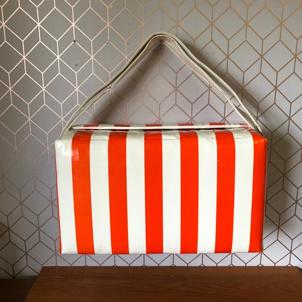 Vintage Nappe/Babcock "Chesty" Insulated Cooler, Orange and White 60's Striped Vinyl Hot/Cold Insulated Bag, Fold In Top, Circa 1960's