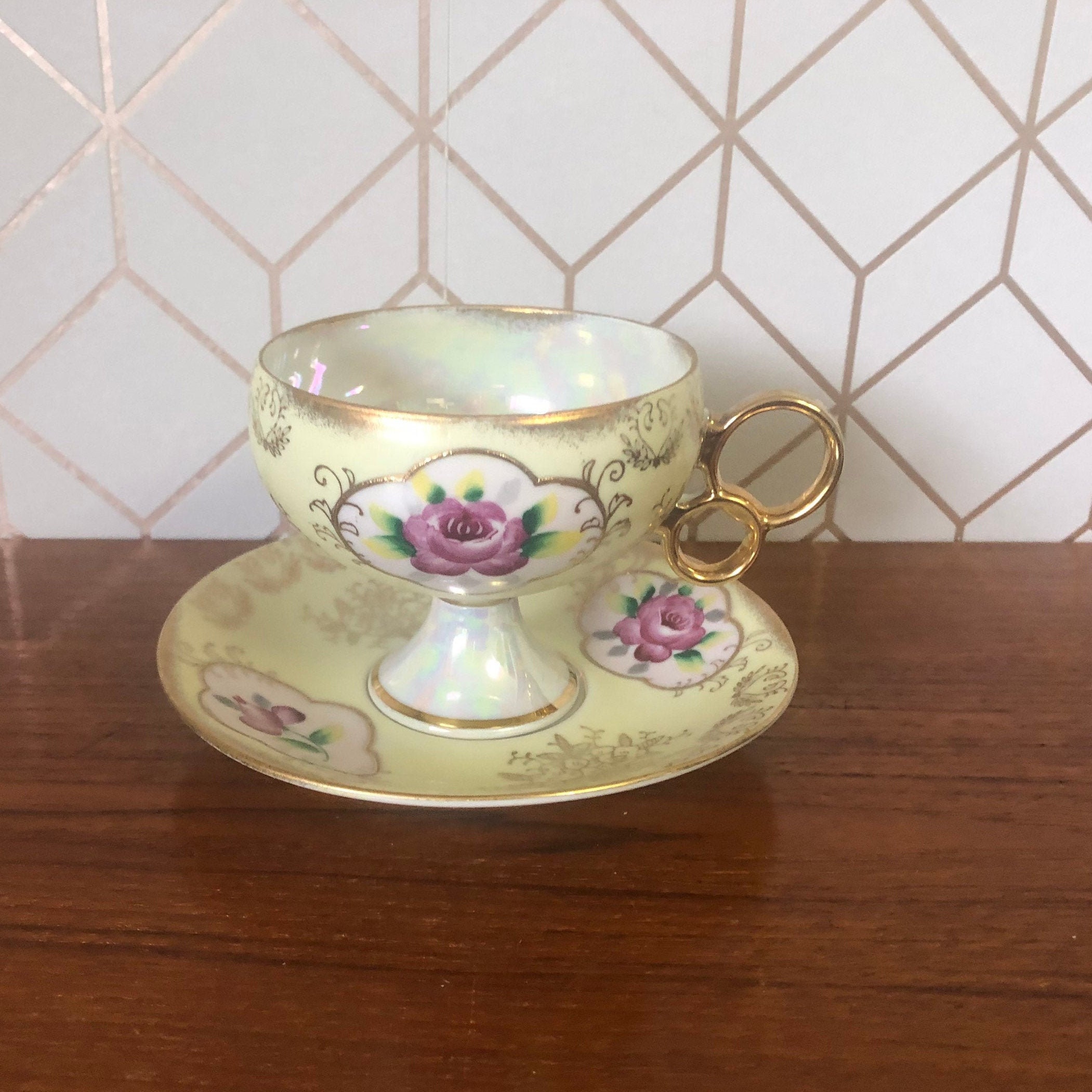 Vintage Tea Cup and Saucer, Luster Pearl Pedestal