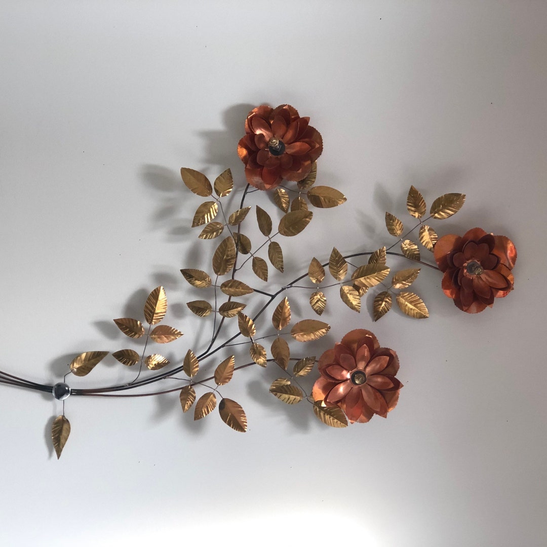 Vintage Metal Floral Spray, Wall Art Metal Sculpture, Large Copper Flowers and Brass Colored