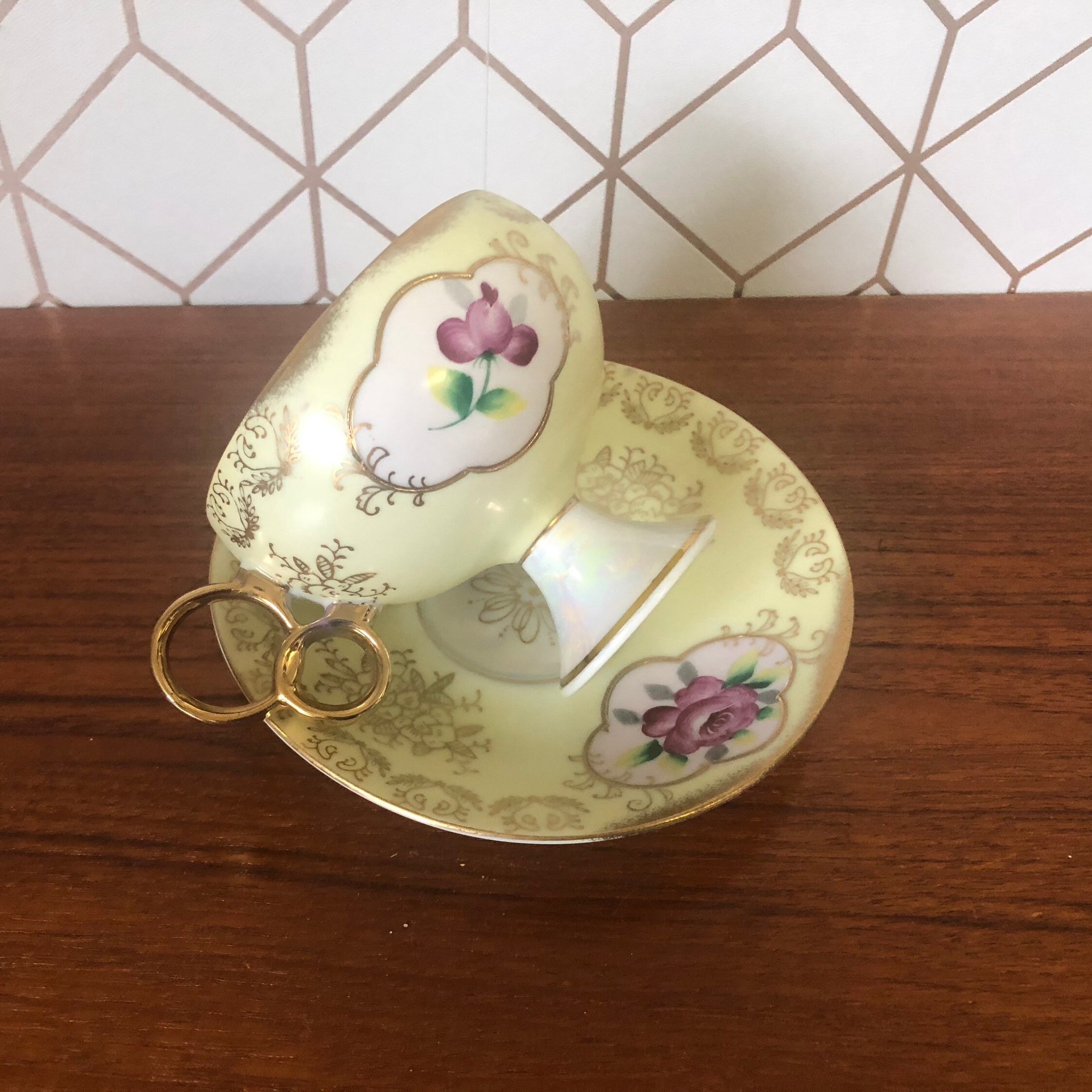 Vintage Tea Cup and Saucer, Luster Pearl Pedestal
