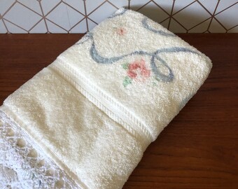 Vintage Bath Towel, Cannon, Royal Family, Soft Terry Cloth, Blue Ribbon and Roses Hand Crocheted Edges, Country Farmhouse Chic Circa 1980's