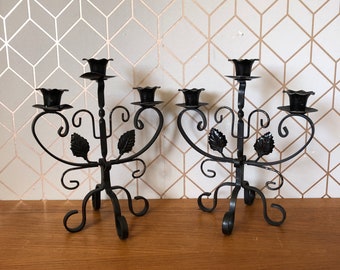 Vintage Wrought Iron Candle Holders, 1 Pair of Triple Candelabra Style Candle Stands, Spanish Style Counter Candle Sticks, Circa 1970's