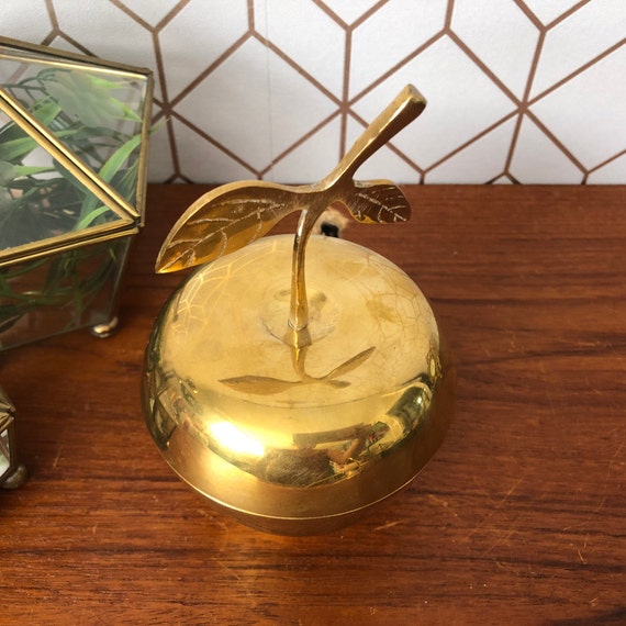 Vintage Brass Apple Trinket Dish, Jewelry Box, Li… - image 5