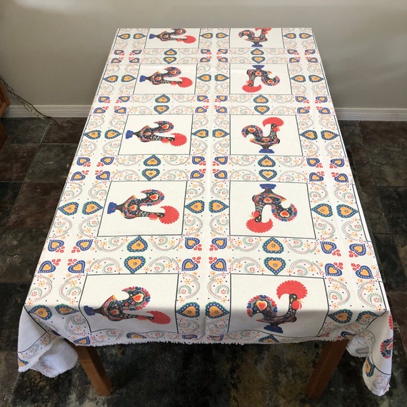 Vintage Good Luck Rooster Tablecloth Barcelos Hahn Portuguese Rooster Barcelos Screen Printed One Side Cotton Fringed Table Cover Etsy Canada