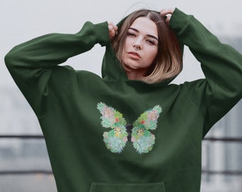 Butterfly Succulent Hoodie, Butterfly Cactus Hoodie, Butterfly Naturalist Hoodie, Feminine Hoodie, Oversized Butterfly Hoodie