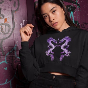 Dueling Purple Dragons Crop Hoodie, Dragon Cropped Hoodie, Dragon Hoodie, Asian Dragon Cropped Hoodie image 1