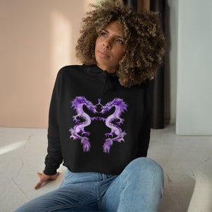 Dueling Purple Dragons Crop Hoodie, Dragon Cropped Hoodie, Dragon Hoodie, Asian Dragon Cropped Hoodie image 2