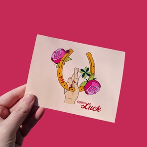 Bonne chance | Symboles chanceux | coccinelle, fer à cheval, trèfle à quatre feuilles, chiffre porte-bonheur 7, croisons les doigts | Carte de voeux avec enveloppe