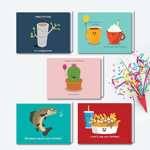Lot de cartes d'anniversaire assorties | Jeu de 5 cartes | Cartes de voeux mignonnes de jeu de mots | Enveloppe