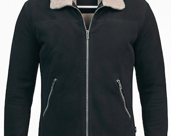 Vintage Black Suede Motorcycle Jacket: Faux Fur Collar, Inspired by Rick Grimes