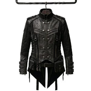 May include: Black leather jacket with a high collar, multiple pockets, and decorative buttons. The jacket has a fitted silhouette and is hanging on a black metal hanger. The garment features a unique design with asymmetrical details.