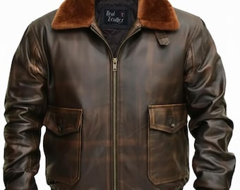 Blouson aviateur G-1 en cuir véritable pour homme - Bomber aviateur A-2 brun effet vieilli | Veste en cuir style pilote vintage