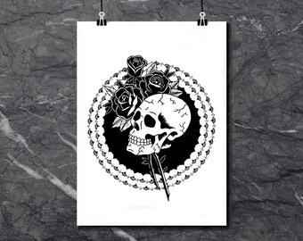 May include: Black and white illustration of a skull with roses and a decorative border. The skull is surrounded by black roses and leaves. The border is a circular design with a repeating pattern.