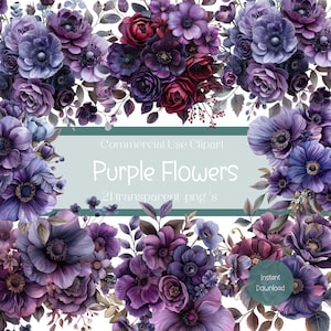 Purple Flowers Clipart Set, Floral Graphics, Botanical Clip Art, Printable Floral Design, Digital Download