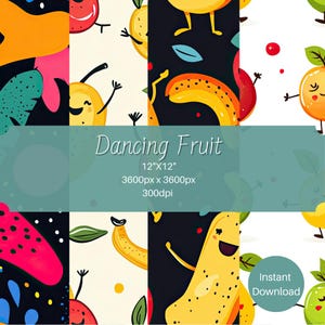 Conjunto de papeles digitales con frutas danzantes, patrones digitales frutales, fondos de frutas imprimibles, paquete de papel para álbumes de recortes