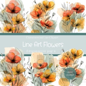 Zestaw clipartów Line Art Flowers, pakiet ilustracji kwiatowych, pobieranie cyfrowe