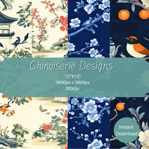Chinoiserie Digital Papers Set, Oriental Print Scrapbook Paper, Chinese Inspired Patterns