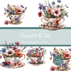 Vintage Tea Cups Flower Clipart, Watercolor Floral Elements, Scrapbooking Supplies, Digital Download