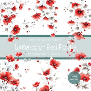 Watercolor Red Poppy Clipart Set, Floral Digital Clipart Bundle, Poppy Flower Illustrations, Botanical Art, Instant Download