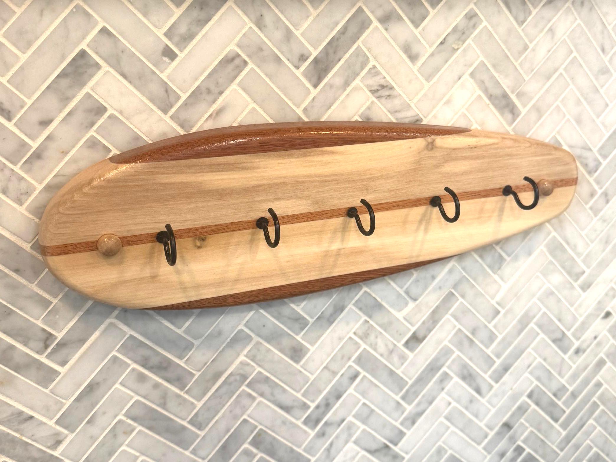 Key Holder Rack, Surfboard, Key Hooks, Solid Hardwood, 5 Hooks ...