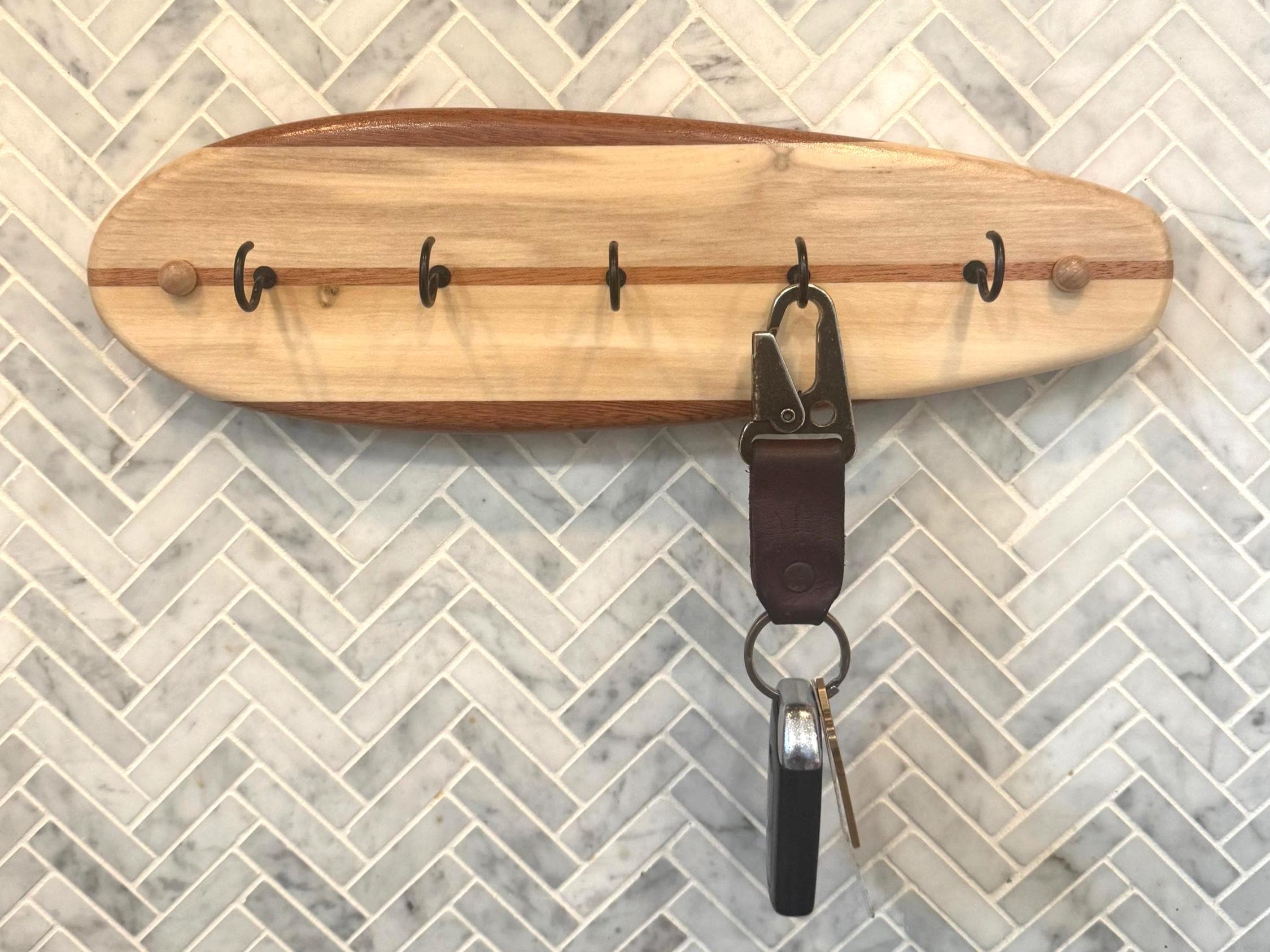 Key Holder Rack, Surfboard, Key Hooks, Solid Hardwood, 5 Hooks ...