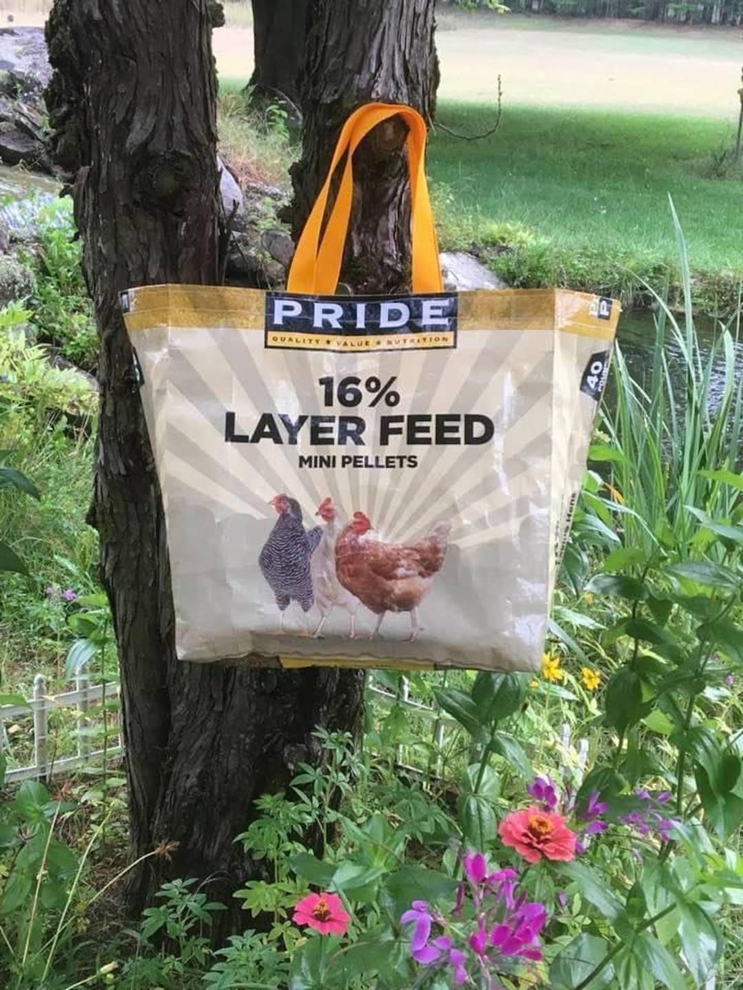 Recycled Chicken Feed Bag. Upcycled Barred Rock, Golden Comet Chicken