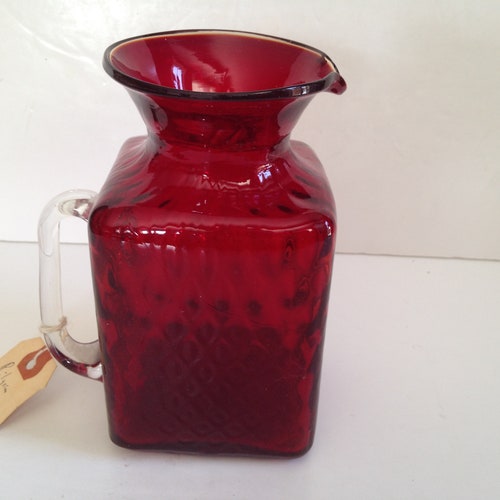 Pilgrim Glass Hand Blown Red and Amber Faint Amberina Waffle Glass Pitcher #813 with Amber Rim and Applied Clear Glass Handle U -Made retailer in USA